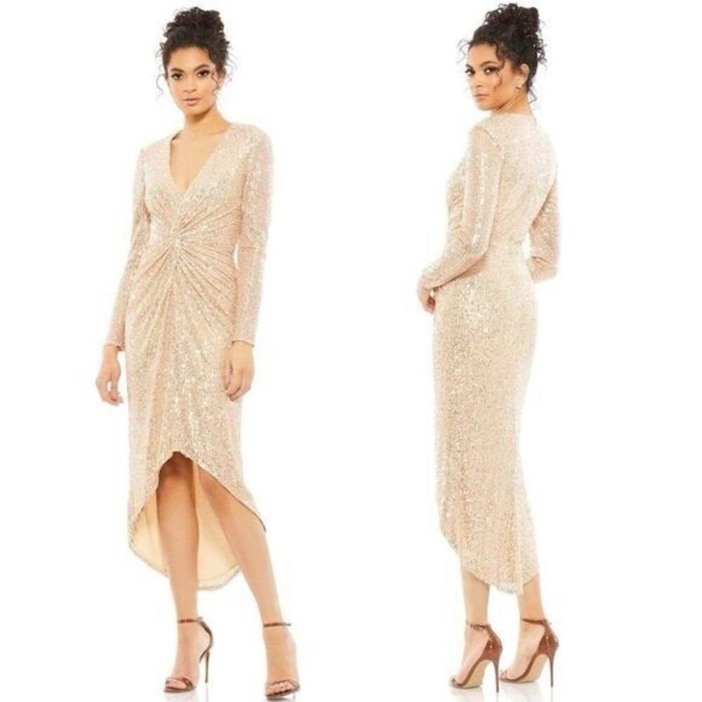 Mac Duggal Women's Ieena Sequin Knotted Long Sleeve Midi Dress NEW NWT